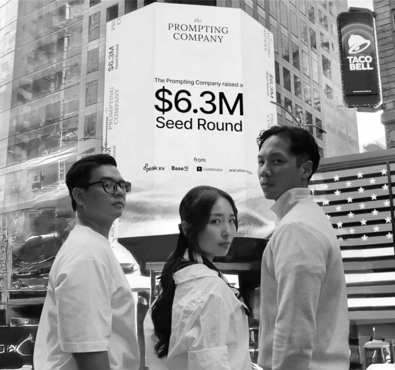 The founders in front of a Times Square billboard announcing the seed round